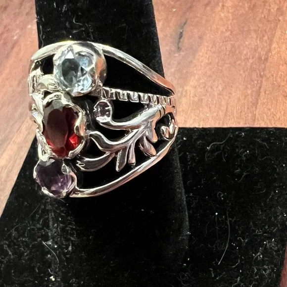 Triple Gemstone Statement Ring 925 Silver Garnet Amethyst Blue Topaz Size 8 #570 - Picture 5 of 7